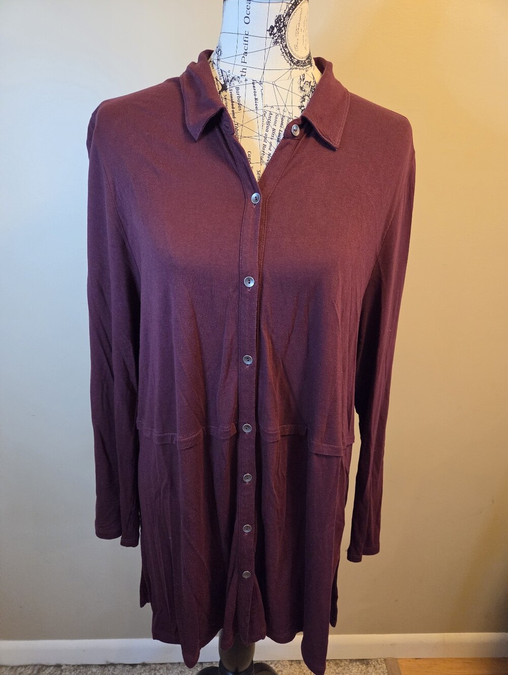 J Jill XL Womens Burgundy Button Down Tunic Shirt Long Sleeve Rayon Tencel